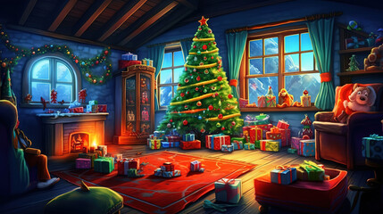 Naklejka premium Flat design christmas fireplace scene. Generative Ai