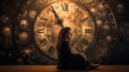woman sitting in front of the clock - obrazy, fototapety, plakaty