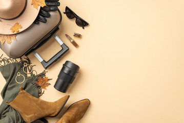 Planning an autumn getaway? Behold a top view image of a gray suitcase, warm scarf, heeled boots and charming felt hat, and gloves on beige isolated background, perfect for your advertisement or text