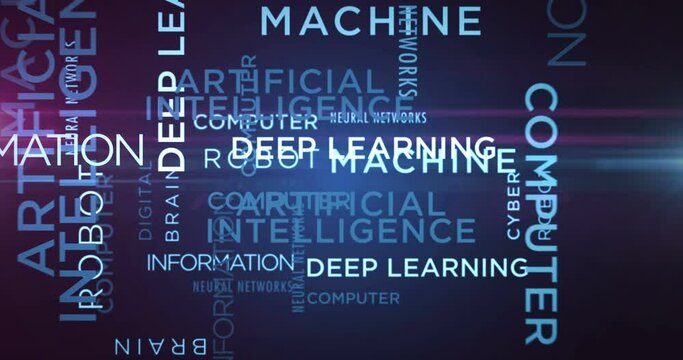 Artificial intelligence kinetic text abstract concept loop animated. Deep machine learning and neural networks technology word typography seamless looping 3d animation.