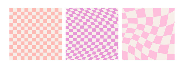 Groovy checkered seamless patterns, vintage aesthetic backgrounds, psychedelic checkerboard texture. Funky hippie fashion textile print, retro background with distorted grid tile vector pattern set