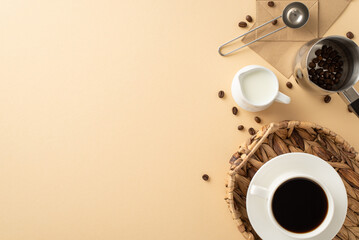Embrace the Coffee Lover's Dream: A top view shot of aromatic coffee beans, an espresso in a chic wicker tray, paper bags, milk jar, coffee turk, barista's spoon on pastel beige background