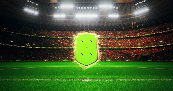 soccer match or player shield card, stadium background, visual effects, render, green keying with markers	
