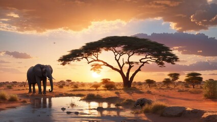 Fototapeta na wymiar Landscape of Africa with elephants at sunset 