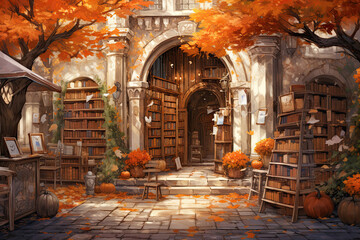 Autumn bookshop, watercolor style