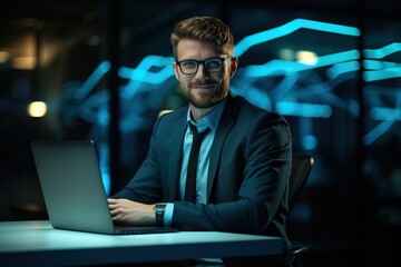 Handsome businessman professional working on aptop computer in office, Generative AI