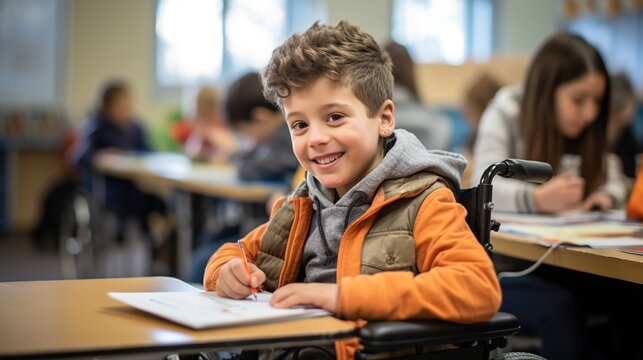Boy in wheelchair studying in classroom. Generative AI