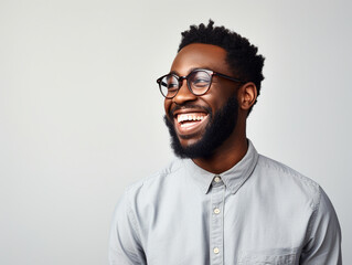 Obraz premium A beaming Black man with glasses, photographed against a simple white background.