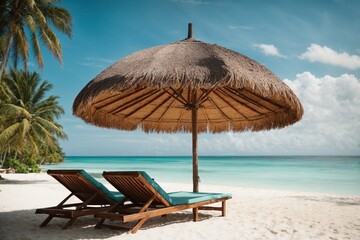 Obraz premium Beach chairs and umbrella on a tropical beach.