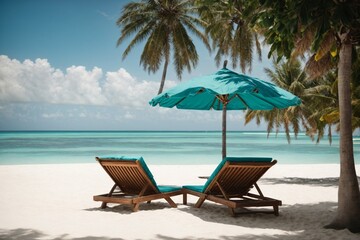 Fototapeta na wymiar Beach chairs and umbrella on a tropical beach.