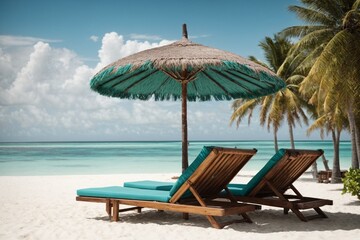 Obraz premium Beach chairs and umbrella on a tropical beach.