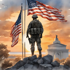 a veteran stands on a battlefield facing the American flag,Veterans Day with Generative A - obrazy, fototapety, plakaty