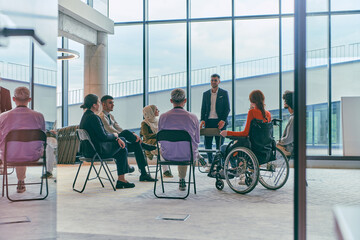 A diverse group of young business entrepreneurs gathered in a circle for a meeting, discussing corporate challenges and innovative solutions within the modern confines of a large corporation