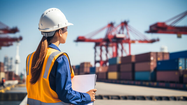 A female civil engineer examines drawings at a container terminal in the harbor, seen from behind, with a blurred backdrop.