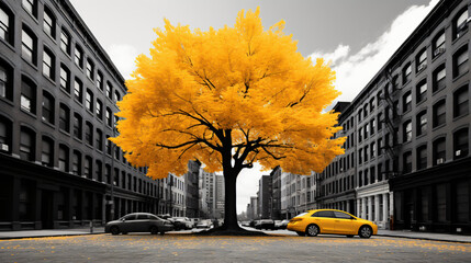 Big yellow tree on the street