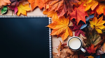Back-to-school essentials such as notebooks, pens, and pencils, surrounded by colorful autumn leaves.