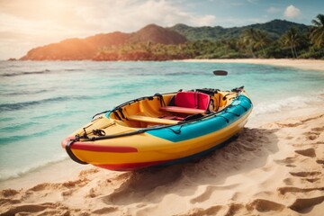Colorful kayaks on the sandy beach of a tropical island.