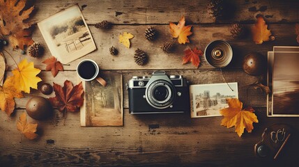 Old vintage photos of past autumns surrounded by memorabilia on a weathered wooden surface