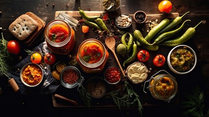 Obraz na płótnie Canvas Rustic setup of homemade autumn jams, preserves, and pickles alongside fresh ingredients.