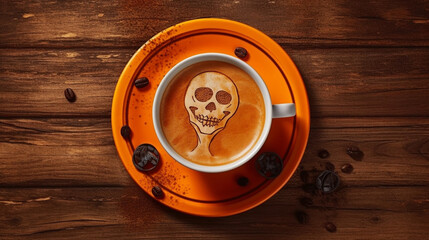 Halloween and Fall Coffee Flat Lay Concept with Copy Space