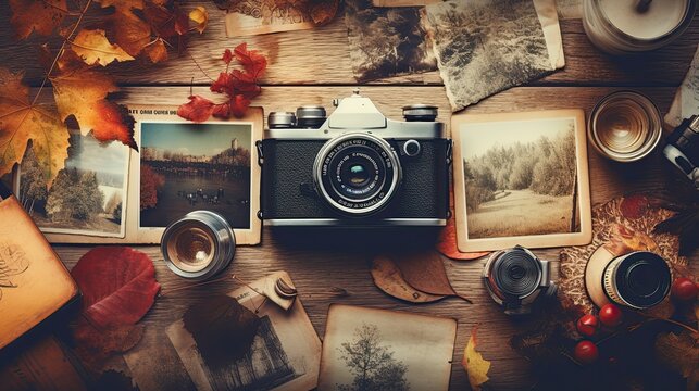 Old vintage photos of past autumns surrounded by memorabilia on a weathered wooden surface