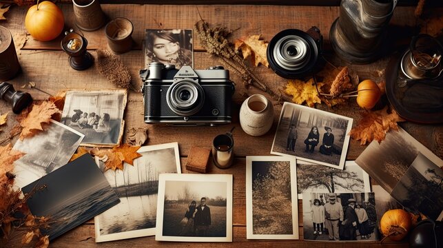Old vintage photos of past autumns surrounded by memorabilia on a weathered wooden surface
