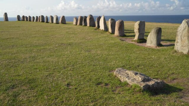 Ales Stenar Historical Site Near Kaseberga Village on the Grass fields of Southern Sweden Skane County.