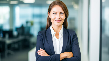Happy smiling ceo manager at office space, possibly real estate, lawyer, non-profit, marketing. Happy female professional executive manager, financial banking or marketing data.