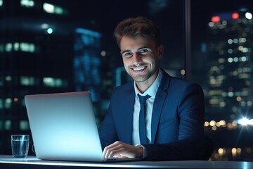 Handsome businessman professional working on aptop computer in office, Generative AI