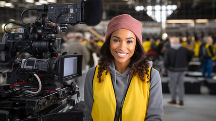 The director of photography is a african american woman behind a video camera on the set. A professional videographer at work on the filming of a movie. - obrazy, fototapety, plakaty