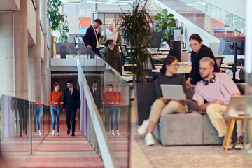 Obraz premium In a modern startup office, a diverse group of young professionals collaboratively tackles various business problems and challenges, surrounded by their engaged colleagues, fostering innovation and