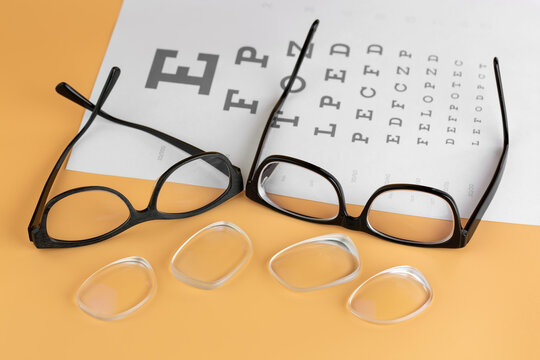 Old glass lenses in front of newly changed shortsighted reading eyeglass lenses with blurred paper of Snellen eye test chart on bright yellow background