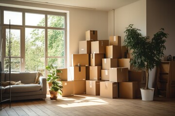 Stack Cardboard boxes at living room. moving to a new house. Generative AI