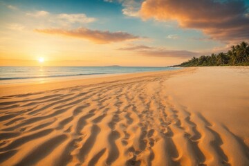 Fototapeta premium Beautiful seascape with sandy beach and blue sky at sunset