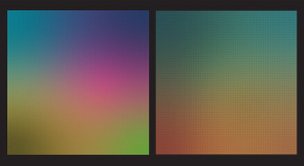 Obraz premium Set of two abstract gradients dotted circles, round halftones geometric dots, different colorful gradients. pop art texture. illustration halftone colorful gradient spotted
