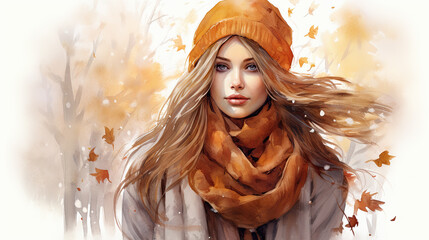 Autumn woman with scarf, watercolor style