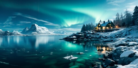 Generated i the northern lights over the lake with trees and  houses,mage