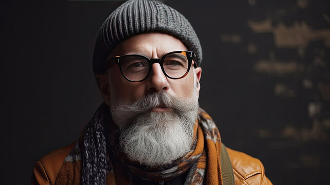 close up and potrait of bearded 60 yo mature hipster man smiling and looking at the camera, wearing for autumn time - active senior concept and lifestyle