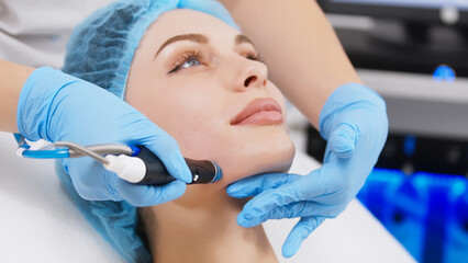 Cosmetologist doing anti-aging procedure in cosmetology office. Satisfied woman in a disposable hat lies on the sofa and relaxes. Working with the device.