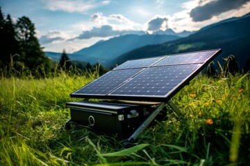Solar portable batteries Portable solar panels on the background of nature. The concept of sustainable use of resources