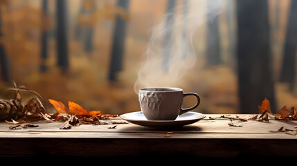 Fototapeta na wymiar Steamy cup of coffee on a wooden table, autumn season and beautiful aesthetic. Generative AI