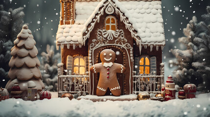 Gingerbread house in the snow, with small ginger bread man standing outside the house. Snowing in the background. Generative Ai