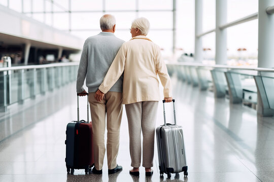 older couple with suitcase at airport, from behind