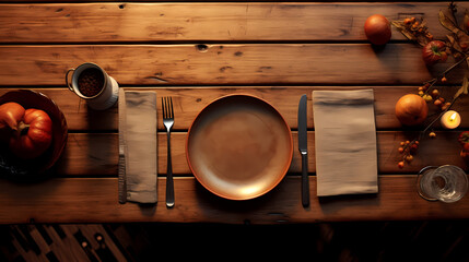 Dining set up on a wooden table, shot from the top, holiday season. Generative AI