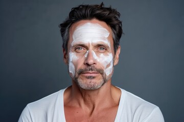 Portrait of a forty year old man with rejuvenating cream applied to his face on a dark background.