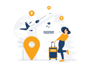 Businesswoman with suitcase bag traveling on vacation holiday. Business trip tourism travel summer, work on the go. Traveler in airport departure area waiting for fight journey concept illustration