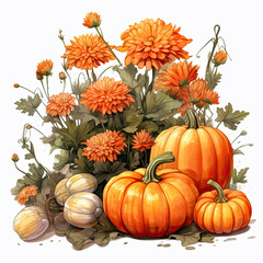 Naklejka na ściany i meble flowers, pumpkin and garden elements composition, clipart, watercolor style