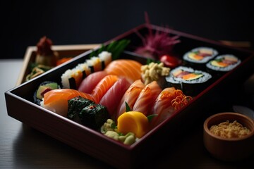 Japanese Bento Box With a colorful arranged of sushi rolls. Generative AI