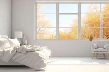 White stylish minimalist bedroom with armchair and autumn landscape in window. Scandinavian interior design. generative ai.