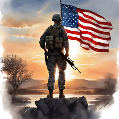 a veteran stands on a battlefield facing the American flag,Veterans Day with Generative A